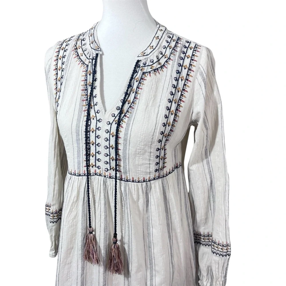 Knox Rose Boho Embroidered Peasant Mini Dress Women XS Beige Navy Tassel